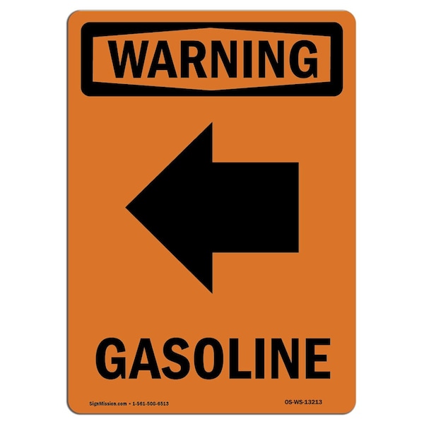 Safety Sign, OSHA WARNING, 5" Height, Gasoline (Left Arrow), Portrait, 10PK